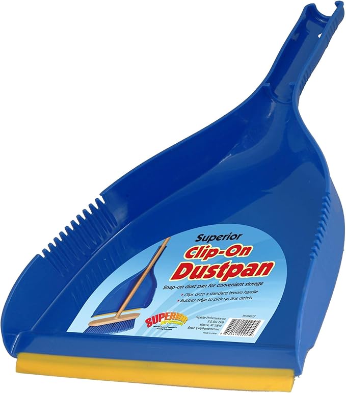 Superio Clip-On Dustpan - Heavy Duty Blue Plastic, Easy Grip Clip On Dust Pan with Rubber Edge, Detailed Sweeping Debris, Fits Standard Brooms Home & Commercial Dusting & Cleaning Tool (1)