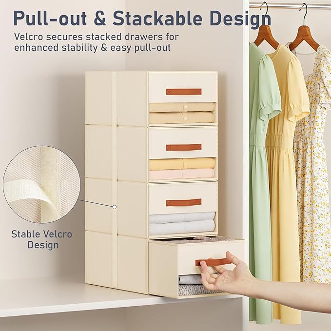 DIMJ Closet Organizers and Storage - Fabric Bins with Drawers for Closet Foldable Clothes Organizers with Clear Window, Stackable Storage Drawers Units for Bedroom, Living Room, Medium 6-Pack, Beige