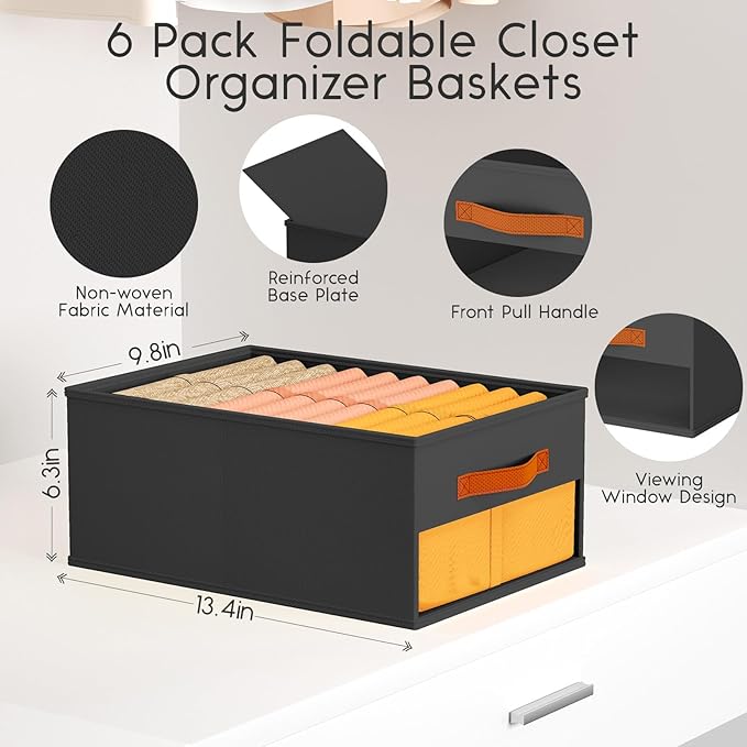 Homsorout Drawer Organizers and Storage - 6 Pack Foldable Pants Organizer with Clear Window & Handles, Fabric Closet Organizer for Clothes, Jeans, Sweaters, Towels, T-shirt, Scarf (Black)