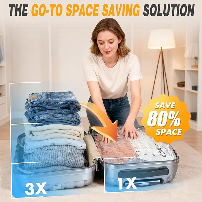 Travel Vacuum Storage Bags with Pump, Carry-on Luggage Compression Bags + Portable Electric Pump, 80% Space Saver for Clothes, Vacuum Seal Bags for Clothing Packing Travel, Pack of 9