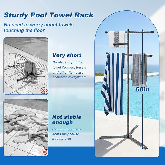 Pool Towel Rack Outdoor 60 Inch Height Outdoor Towel Rack for Pool Heavy-Duty Standing Towel Rack Rustproof & Slip-Resistant Towel Drying Rack Suitable for Indoor Use Towel Stand