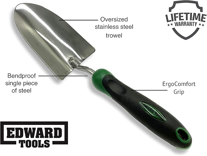 Edward Tools Bend-Proof Garden Trowel - Heavy Duty Polished Stainless Steel - Rust Resistant Oversized Garden Hand Shovel for Quicker Work - Digs Through Rocky/Heavy soils - Comfort Grip (1)