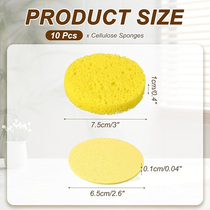 uxcell 10Pcs Cellulose Sponges, Round Kitchen Clean Sponges Non-Scratch Compressed Dish Scrubber for Kitchen Household Cookware Bathroom Cleaning & DIY, Gold