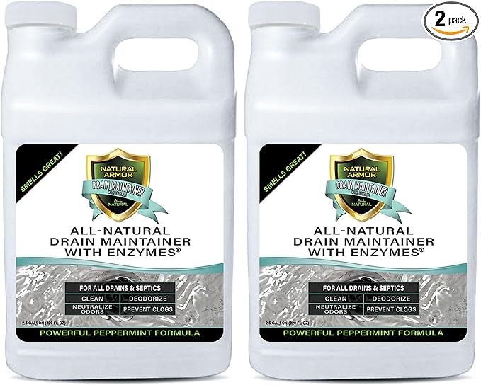 Natural Armor Enzyme Drain Maintainer - Quart Drain Cleaner with Natural Enzyme Power to Prevent Buildup & Odors - Safe for Sinks, Showers, Grease Traps & Septic - Non-Toxic Formula, 2.5 Gallon Case