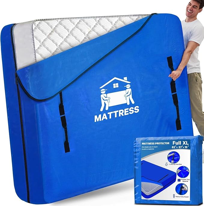 Mattress Bags for Moving, BETU Mattress Protector Waterproof Mattress Cover Full XL Size Storage Bags with 8 Heavy-Duty Handles and Zipper for Bed Extra Thick Large Reusable (82"x57"x15" Blue)