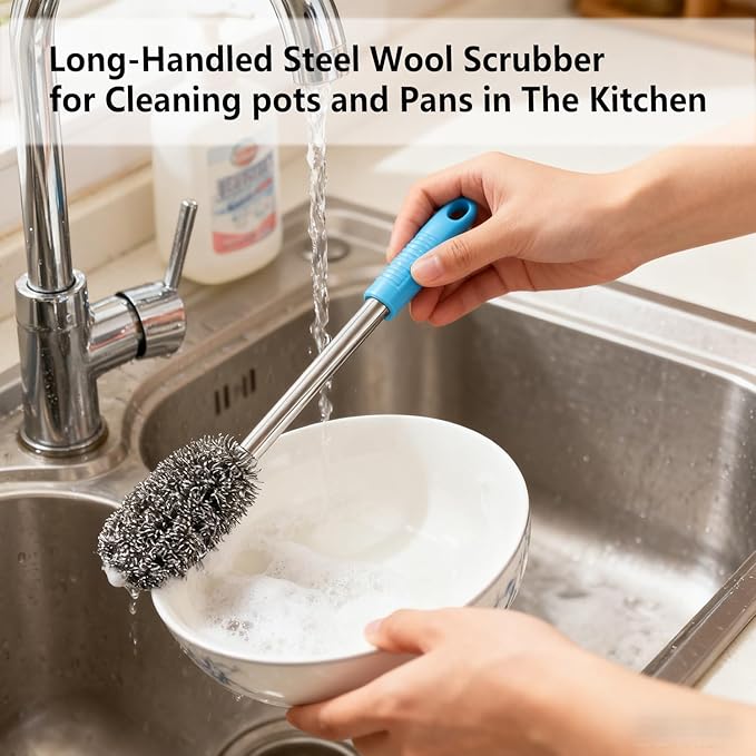3-Pack Steel Wool Scrubber with Long Handle, Kitchen Dishwashing Pot Scrubber for Deep Cleaning