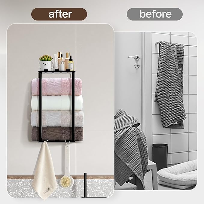 Towel Racks for Bathroom Towel Holder with Shelf & 6 Hooks Wall Mounted Towel Storage Rack for Rolled Towels Organizer, Sturdy Metal Towel Shelf, Black