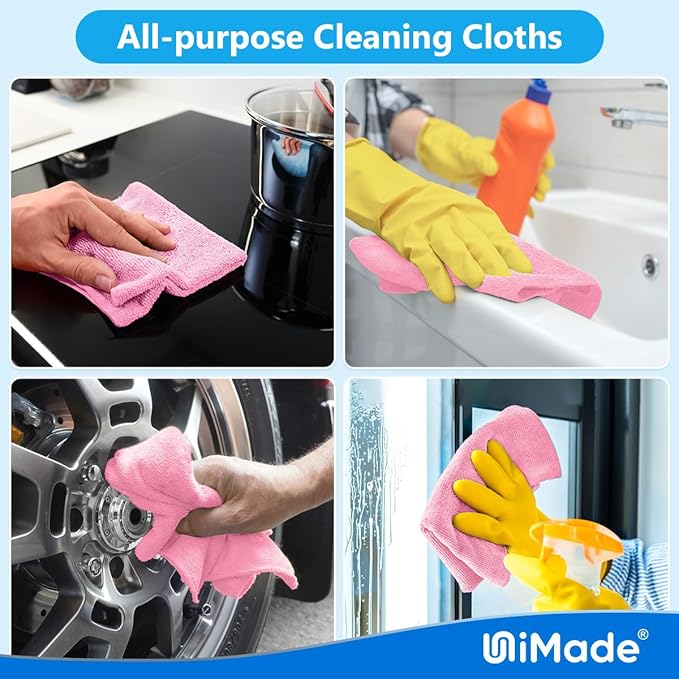 Microfiber Cleaning Cloth, 10 Pack Reusable Microfiber Towels for Cars Lint Free Cleaning Shop Towel Rags for Home Kitchen Automotive Bar Mechanic Restaurant Garage, 11.5"x 11.5", Pink