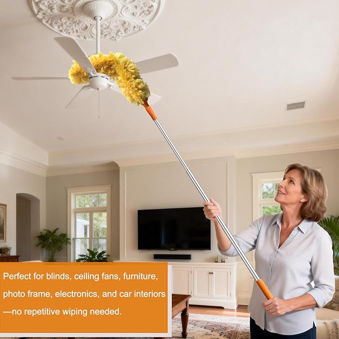 100 Inch Extended Handle Duster Heavy Duty Dusting 360° Duster Refills Kit, Microfibers Multi-Surface Dusters. Efficient Duster Kit for Cleaning Pet Hair, Home, Office, Blinds, Furniture (Orange)