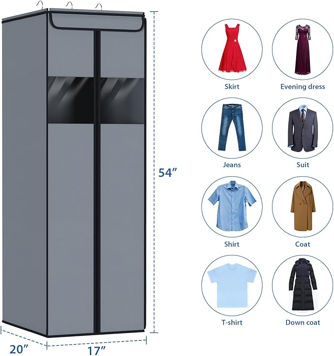 Zilink Garment Bags for Hanging Clothes 54" Hanging Storage Bags for Clothes with Clear Window Space Saving Garment Covers for Suits, Coats, Dresses, Grey