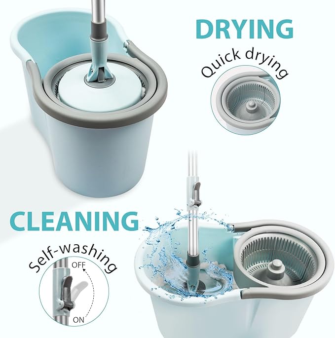 Spin Mop and Bucket with Wringer Set, 360° Spinning Mop Bucket System with 3 Microfiber Mop Replacement Heads, Adjustable Handle for Floor Cleaning (Light Blue)