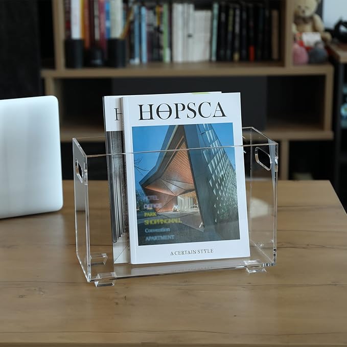 Crystal Clear Acrylic Magazine Holder,Space Saving Magazine Rack, Book Basket, Storage Organizer Bin for Living Room, Bathroom, Home Office, Newspapers