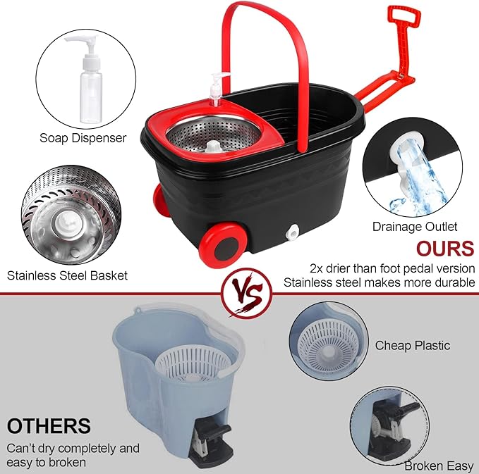 Spin Mop and Bucket with Wringer Set on Wheels, 360 Spinning Mop with Stainless Steel Handle for All Hard Surfaces, Floor Cleaning System with 3 Microfiber Replacement Heads, Black/Red