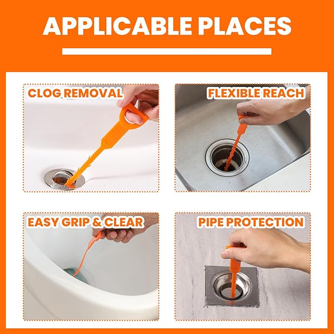 Drain Snake Clog Remover 4 Pack 20 Inch, Flexible Hair Drain Cleaner, Non-Slip Grip for Sink Shower Tub Toilet Kitchen Bathroom Clog Remover