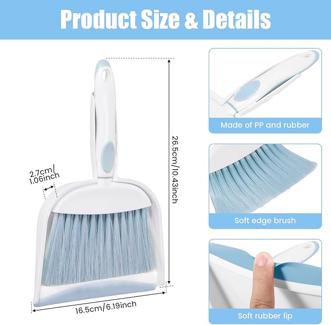 Dust pan, Mini Dustpan and Brush Set, Small Broom and Dustpan Set, Small Hand Broom and dust pan Set, Whisk Broom, Dust pan and Brush for Desk, Table, Home, Kitchen Necessities (Light Blue 2pcs)