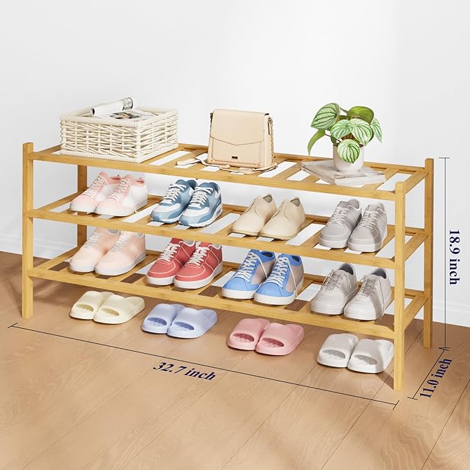 Kitsure Bamboo Wooden Shoe Rack for Closet - Stackable Shoe Organizer with Modular Structure, Space-Saving Shoe Shelf for Entryway, Living Room, Bedroom, 32.7" Wide - 3 Tiers, Natural
