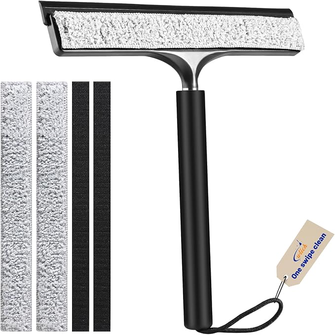 Shower Squeegee with Long Handle, Telescoping Window and Floor Extendable Squeegee for Shower Glass, Bathroom Surfaces, Mirrors, and Smooth Floors, Includes Replaceable and Washable Cloth Pads
