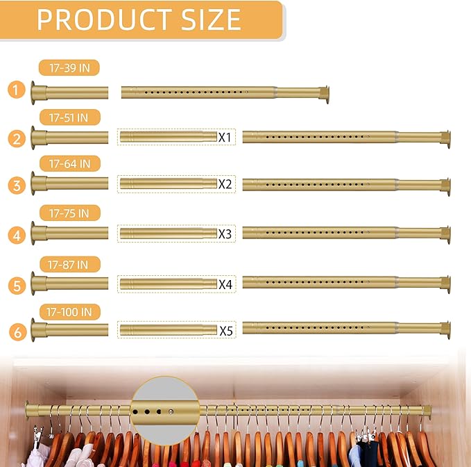 1.3 Inch Diameter Closet Rods for Hanging Clothes 17-64 Inch Adjustable, Metal Heavy Duty Closet Pole, Gold Closet Bar for Hanging Clothes, Suitable for Closet, Wardrobes, Bathroom, Windows