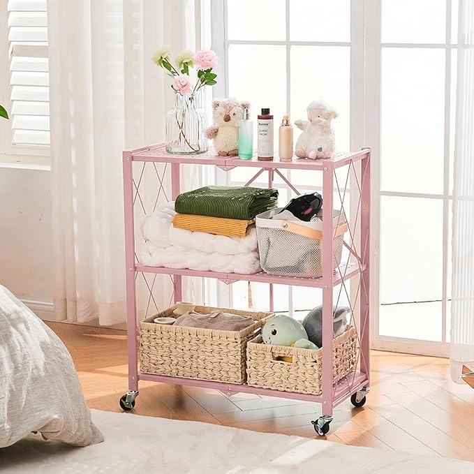 BRIAN & DANY 3-Tier Foldable Storage Shelves with Wheels, No Assembly Folding Shelf Metal Rack, Shelving Unit for Kitchen, Garage, Pink