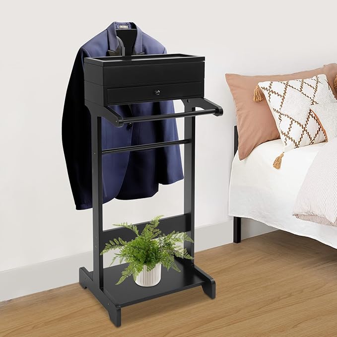 Valet Stand with Drawer and Top Tray, Wood Mens Suit Valet Stand with Wood Base, Freestanding Clothes Valet Stand with Hanger, Storage Organizer for Entryway Office Living Room (E, Black)