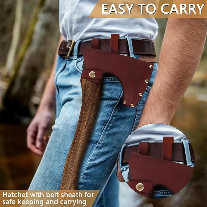 15.7" Hatchet, Camping Hatchet, Hand-Forged Axe with Sheath for Wood Chopping, Splitting, and Carving, Bushcraft Axe with Beech Handle for Outdoor Survival and Garden Work