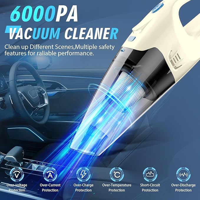FUOAYOC Handheld Vacuum Cordless,Car Cordless Rechargeable, 6KPA Powerful Suction Hand Held Vacuum with LED Light/Multi Accessories, 1.6lbs Mini Portable Vacuum Cleaner for Home/Car/Office Cleaning