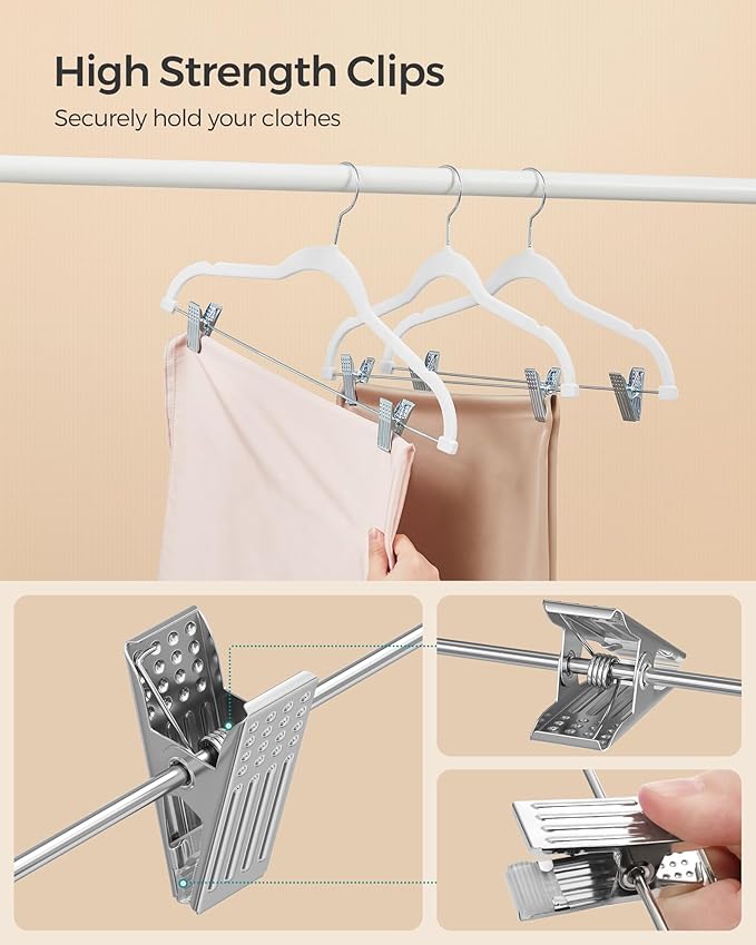 SONGMICS 20 Pack Pants Hangers, 16.7 Inches Long Velvet Trousers Hangers with Adjustable Clips, Heavy-Duty, Non-Slip, Space-Saving for Pants, Skirts, Coats, Dresses, Tank Tops, White UCRF012W20