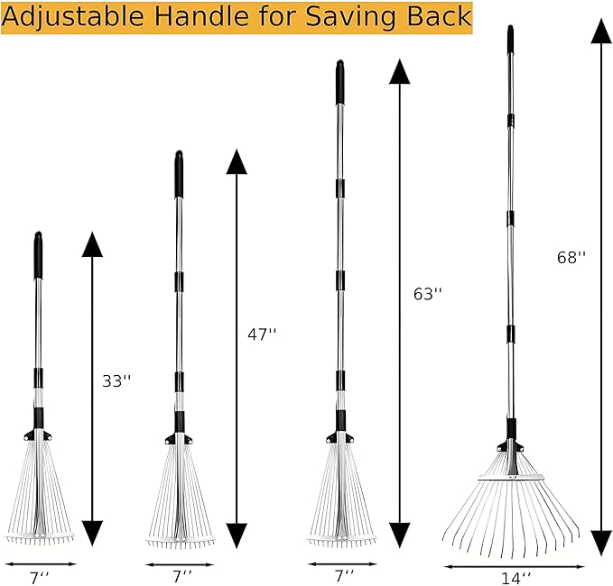 Leaf Rake for Lawns with 53 Gallon Dustpan-Type Leaf Bags,Heavy Duty Metal Garden Yard Rake Long Handle with Expandable Head 7-14" for Gardening Outdoor Camping Shrub Grass Bush Weed