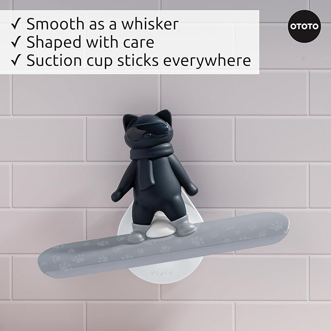 OTOTO Chill Cat Squeegee - Cute Kitchen Accessories, Cute Bathroom Decor, Black Bathroom Accessories, Shower Accessories, Shower Squeegee for Glass Doors, Small Bathroom Squeegee, Cat Gifts