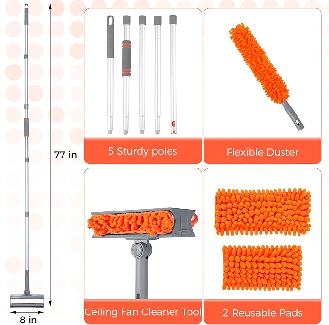 Ceiling Fan Cleaner Kit with 77" Extension Pole, Reusable Chenille Brush for Fan Blades (Up to 8in), Cobwebs, Walls, and Furniture (Orange)