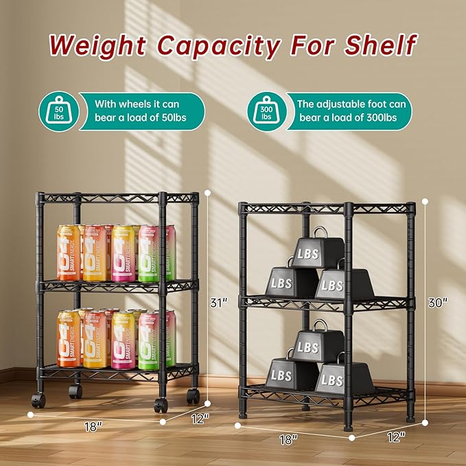 Golpart 3 Tier Adjustable Storage Shelves Heavy Duty Metal Utility Shelf Wire Shelving Unit Organizer Rack for Home Kitchen Office Bathroom Pantry Room 12" D x 18" W x 30" H