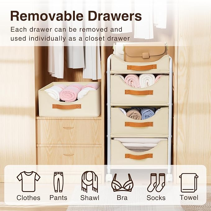 DIMJ Closet Organizers and Storage 4 Tier - Fabric Clothes Drawer Storage Bins, Stackable Rolling Storage Cart with Wheel, Small Dresser for Closet Bedroom Nursery Office