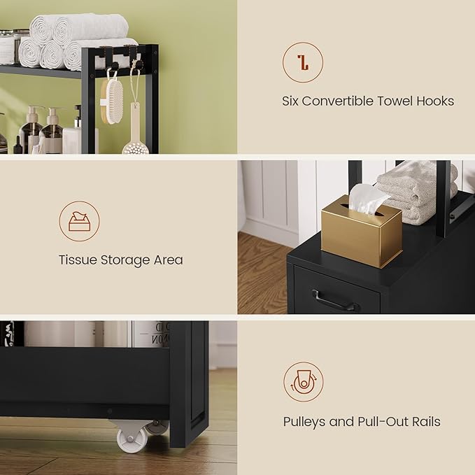 UPOSOJA Over The Toilet Storage Cabinet with Pulley, Bathroom Organizer W/6 Hooks for Restroom, Laundry, Plant Stand (Black)