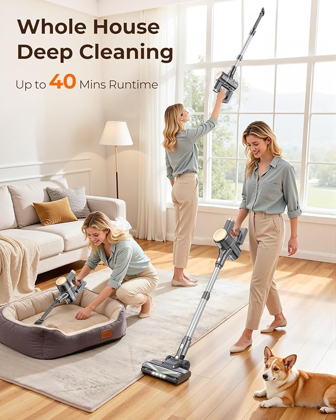 N8 Cordless Vacuum Cleaner,Lightweight Stick Vacuum with Powerful Suction,2200mAh Battery, 40 Mins Runtime,Self-Standing,Rechargeable Vacuum Cleaners for Home Hardwood Floor Carpet Pet Hair (Honey)