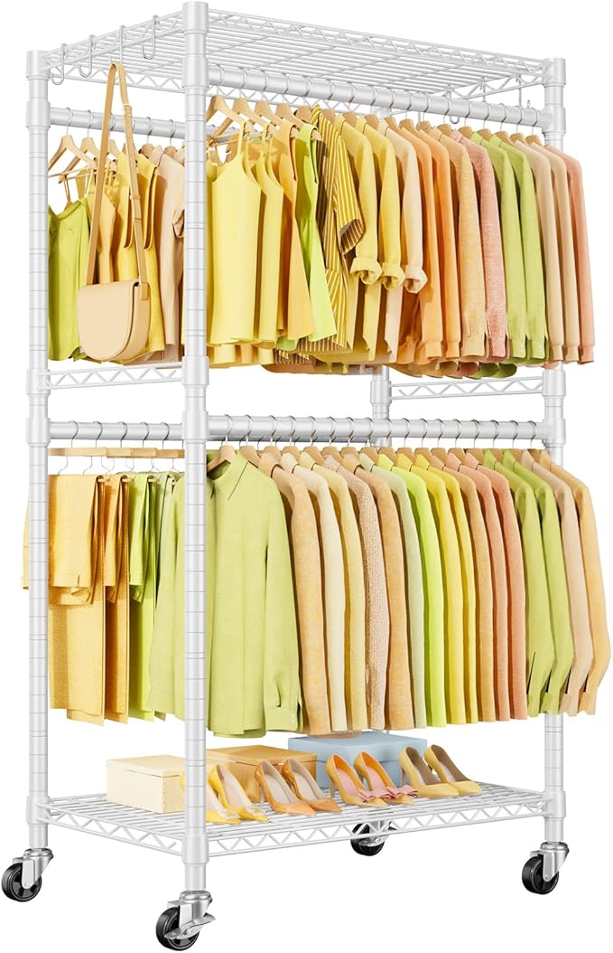 ULIFHOME P4 Rolling Clothes Rack Heavy Duty, Clothing Racks for Hanging Clothes, Freestanding Garment Racks with Wheels, Metal Portable Closet Rack 35.5''W × 20.5''D × 80.5''H, Max Load 560Lbs, White