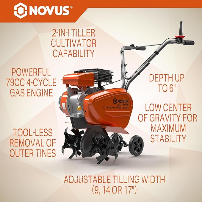 NOVUS 2 in 1 Gas Tiller Cultivator with 79cc 4-Cycle Engine, 9"-17" Tool-Free Tilling Width Adjustment, 24 Steel Tines, Never-Flat Wheels,Front Tine Gardon Tiller for Lawn, Field Soil Cultivation