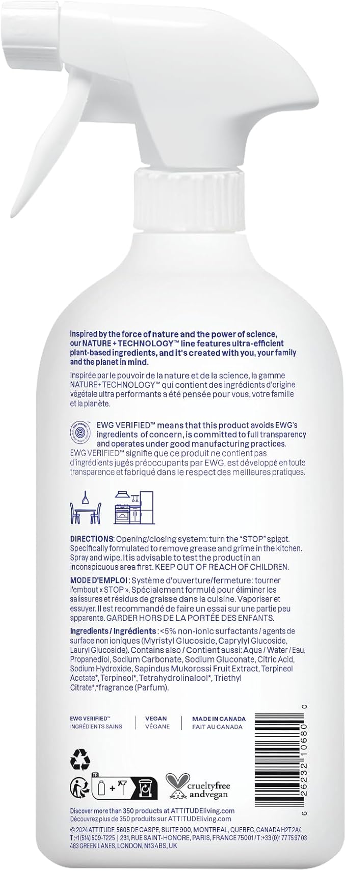 ATTITUDE Kitchen Cleaner Spray, EWG Verified, Degreaser Spray to Cut Grease & Grime, Plant-Based & Vegan, Citrus Zest Scent, 27.1 Fl Oz (Pack of 3)