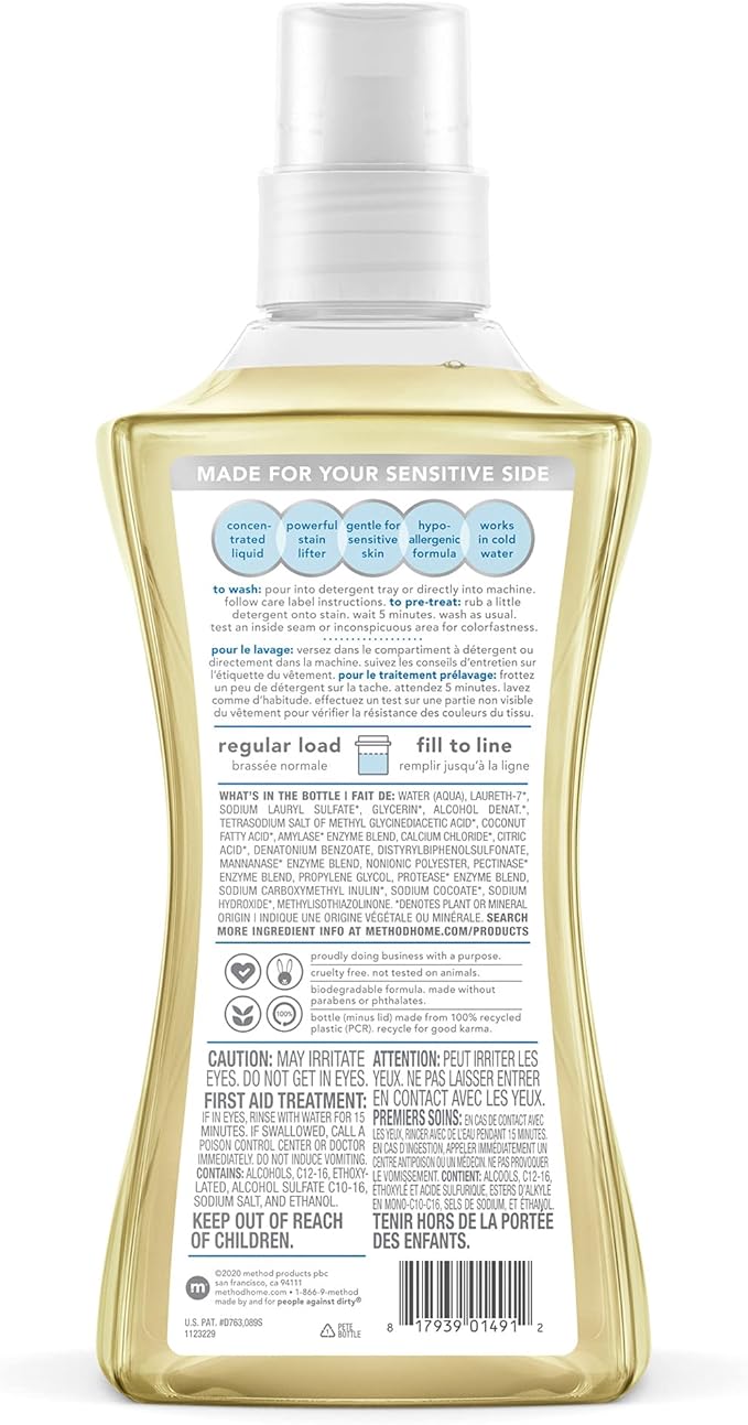 Method Liquid Laundry Detergent; Fragrance Free + Clear; Stain Remover; 66 Loads per 53.5 fl oz bottle; (Pack of 1)