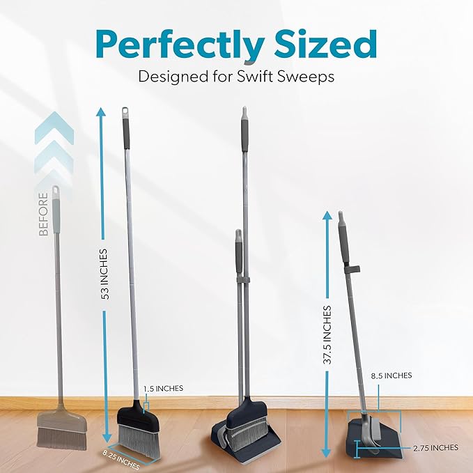 BLACK+DECKER Butler Broom & Dustpan Set - Stand-Up Design - Lightweight, Space-Saving Combo for Kitchen, Living Room, Bathroom, Lobby Floors - Home Cleaning Essential, Black/Grey