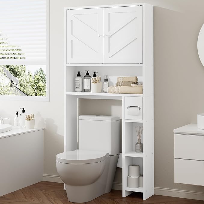 Meilocar Bathroom Storage Cabinet Over Toilet with Toilet Paper Holder Stand, Freestanding Bathroom Storage Organizer Cabinet Space Saver W/Adjustable Shelf, White