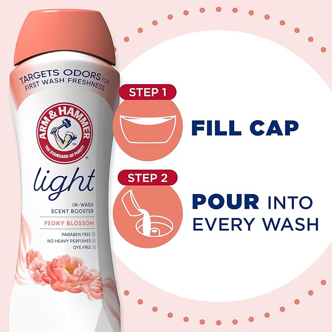 ARM & HAMMER Light In-Wash Scent Booster, No Heavy Perfumes, No Dyes, No Parabens, Peony Blossom Scent, 24 Oz