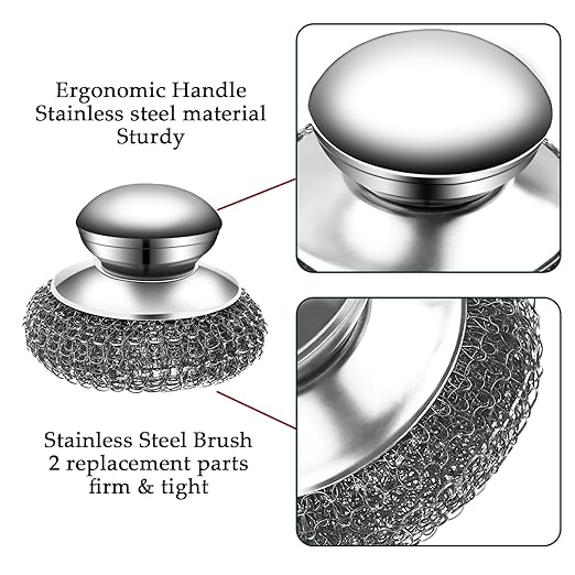 2Pcs Stainless Steel Wool Scrubber Set with Handle，2 Replacement Steel Scrubber Wool Pads, and Scrubbing Brushes Cleaning Supplies for Pots, Pans, Grills, Sink