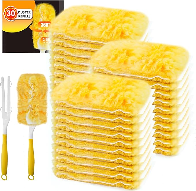 Duster Refill Compatible with Swiffer Duster, 30 Count Heavy Duty Duster Refills Kit for Cleaning Dusting, Multi Surface 360 Feather Duster Disposable Refills, with 1 Handle
