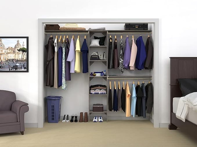 ClosetMaid SuiteSymphony Wood Closet Organizer Kit with Tower, 3 Hang Rods, Top Shelves, Adjustable, Fits Spaces 5-9 ft. Wide, Graphite Grey