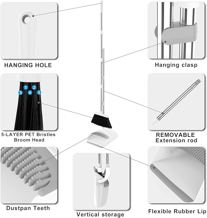 Broom with Dustpan Combo Set for Home Commercial Cleaning Supplies, Angle Broom with Long Handle Perfect for Courtyard Garage Street, White