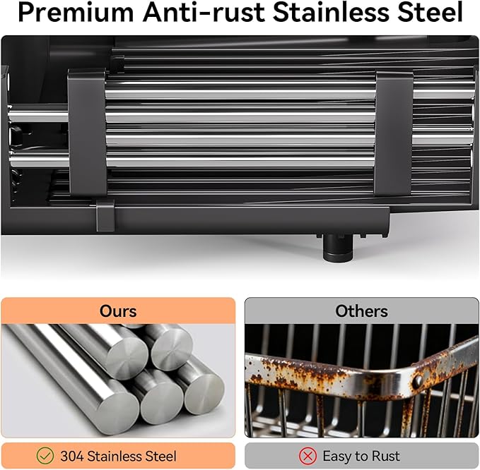 Urackify Stainless Steel Dish Drying Rack - Dish Drainer for Kitchen Counter, Extendable Drainboard with Foldable, Space-Saving Cup & Bowl Organizer, Includes Knife and Utensil Holder, Black