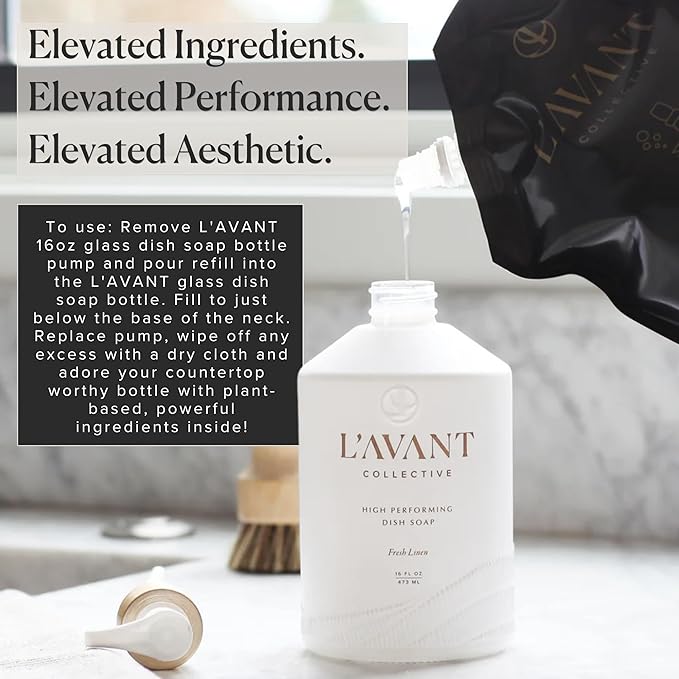 L'AVANT Collective High Performing Dish Soap Refill | Plant-Based Ingredients & High Performing Formula | Fresh Linen Scent | 32 FL oz/946 mL