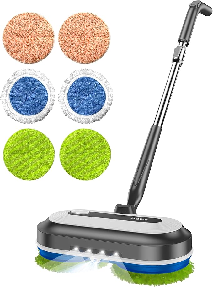 Cordless Electric Mop, Electric Spin Floor Mop with LED Headlights & Water Sprayer, Long-Lasting Battery, Large 290ml Tank, Self-Propelled Floor Cleaner with Adjustable Tube for All Floors