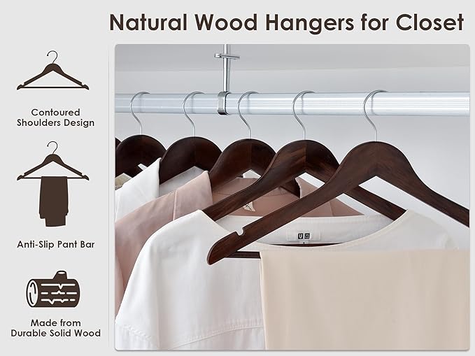 StorageWorks Wooden Hangers 30 Pack, Wood Coat Hangers for Closet, Heavy Duty Clothes Hangers for Suits, Shirts, Pants, Jackets, Walnut Color