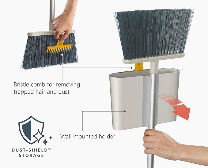 Joseph Joseph CleanTech Wall-Mounted, Adjustable Long Handle Broom Sweeper with Dust-Shield Storage, Indoor Sweeping Floor Brush with Soft Bristles